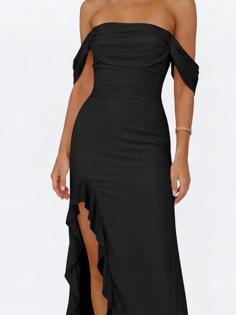 Elegant Black Ruffle Split Formal Dress - Wedding Guest Dress